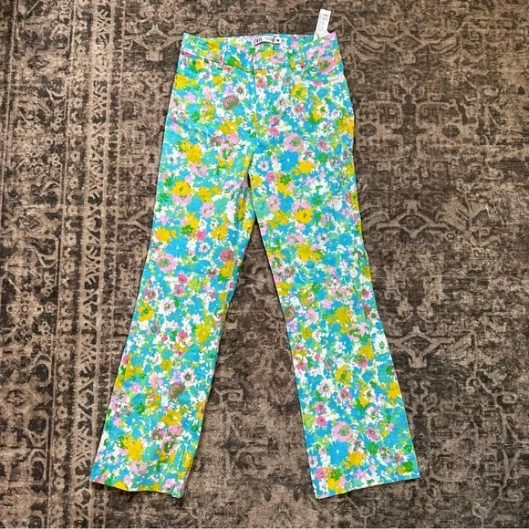 Women's Zara Floral Printed Linen Blend‎ Flare Trousers  Size 4 New with Tags - Picture 6 of 14